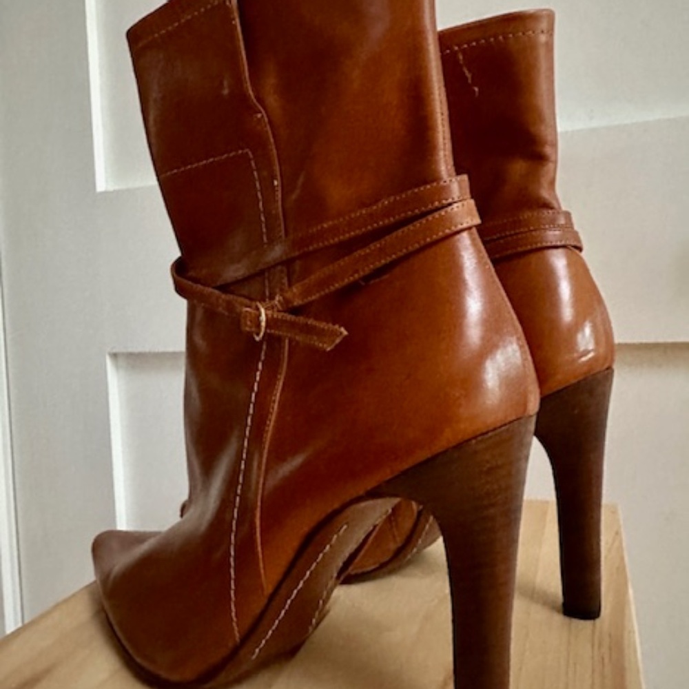 BRAND NEW Vintage Lambertson Truex Cognac Leather Boots 4.25" Heels EU 40 / US 9 - Picture 4 of 12